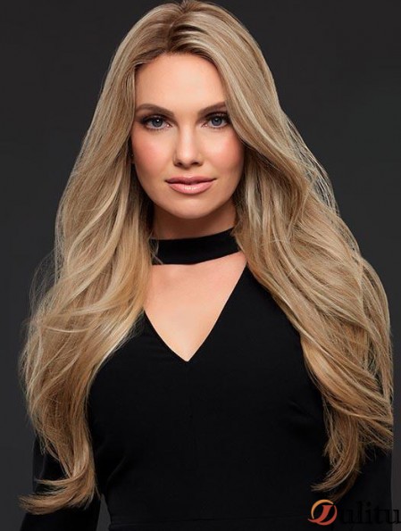 Sexy bonne blonde longue ondulée sans frange perruque de cheveux humains femmes avant de lacet 24 pouces