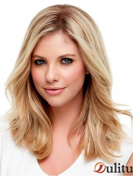 Cheveux blonds ondulés avec une longueur d'épaule de couleur blonde monofilament