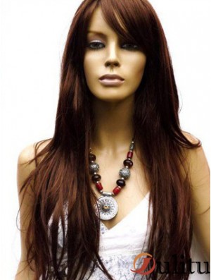 Perruque de cheveux humains longue longueur couleur Auburn avant de lacet avec une frange