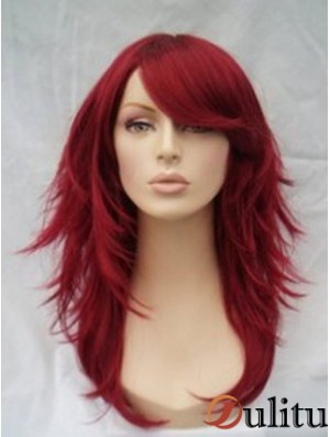 Perruque rouge de cheveux humains pleine perruque avec une longueur d'épaule ondulée de style frange