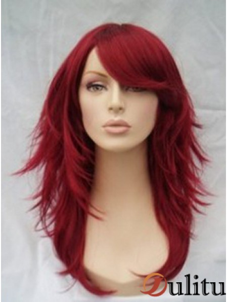 Perruque rouge de cheveux humains pleine perruque avec une longueur d'épaule ondulée de style frange