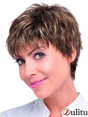 Cheveux humains Monofilament Topper couleur brune Boycuts de style droit