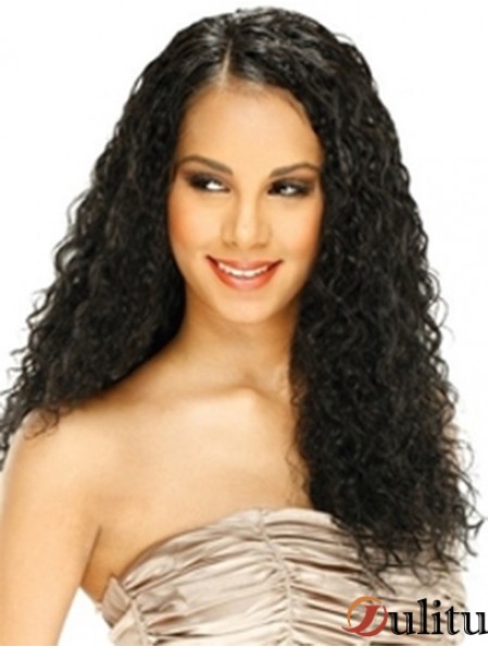 Perruque avant de lacet de cheveux humains style bouclé longue longueur couleur noire