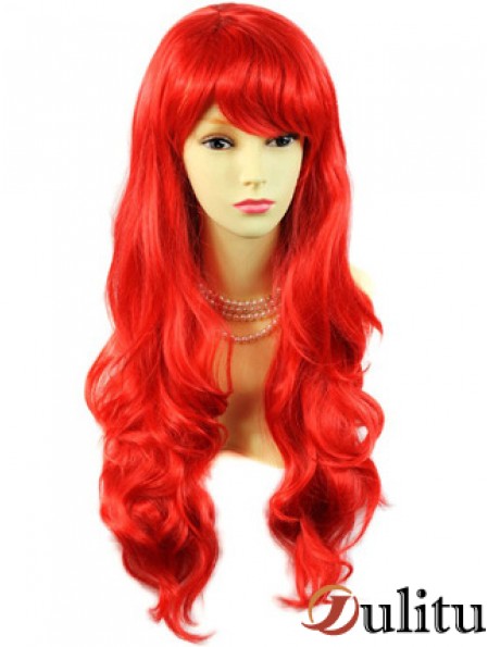 Vente chaude cheveux longs ondulés avec frange 24 pouces perruques rouges