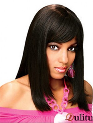 Pleines perruques de cheveux humains avec une frange pleine longueur d'épaule en dentelle couleur noire