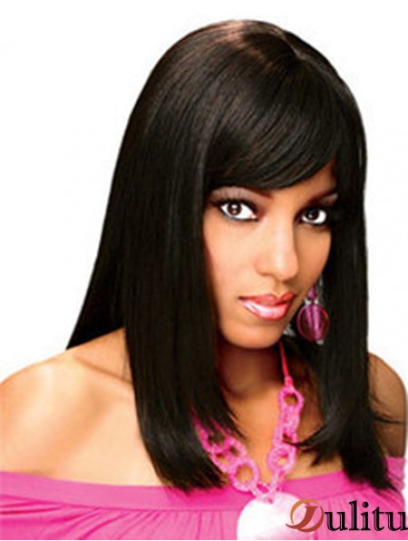 Pleines perruques de cheveux humains avec une frange pleine longueur d'épaule en dentelle couleur noire