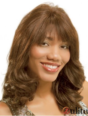 Ondulé Monofilam Brown Avec Bangs Longues Perruques Monofilament Pas Cher