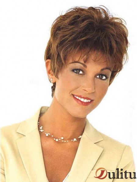 Perruque de cheveux humains Mono Style ondulé Longueur recadrée Couleur brune