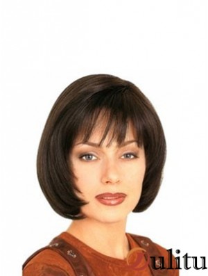 Avec Frange Durable Droite Brun Longueur de Menton Perruques de Cheveux Humains