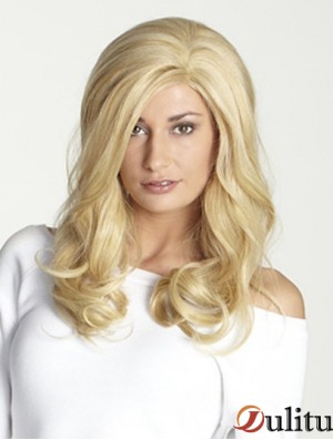 Sans frange longue blonde ondulée 18 pouces perruques de cheveux humains parfaits