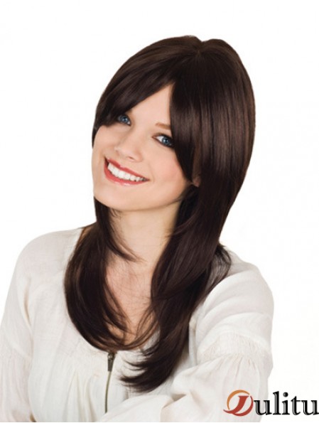 Avec Bangs Long Brown Wavy 16 pouces Perruques de cheveux humains durables