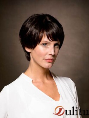 100% cheveux humains remy attachés à la main 8  inchperruques courtes droites en couches brunes pour les femmes atteintes de cancer