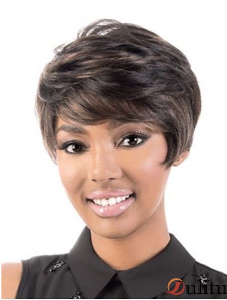 Court capless brun ondulé avec frange femme noire cheveux humains
