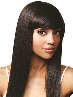 Avec frange en ligne droite noire longue perruque de cheveux humains avant de lacet