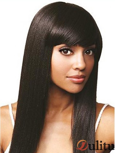 Avec frange en ligne droite noire longue perruque de cheveux humains avant de lacet