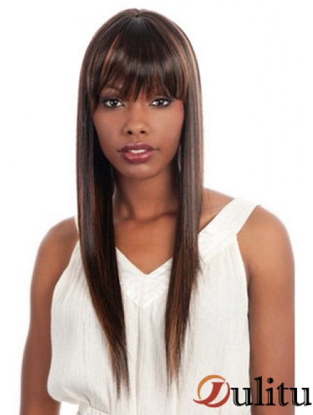 Long Yaki brun avec frange perruques afro-américaines à la mode