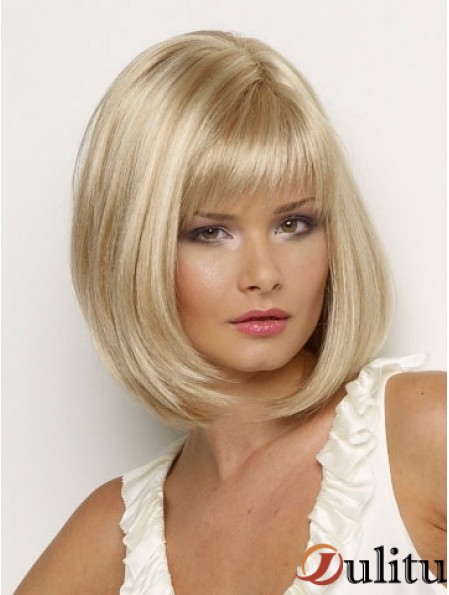 Perruque synthétique Longueur de menton Couleur blonde Style droit avec une frange