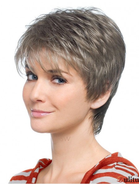 Perruque grise avec style droit synthétique sans capuchon, coupe courte, coupe grise