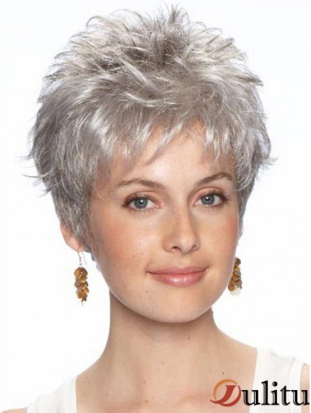 Perruque courte grise avec avant en dentelle synthétique style ondulé coupe grise