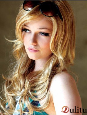 22 pouces ondulé avec frange monofilament blonde perruques longues appropriées