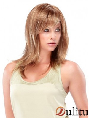 Longueur d'épaule blonde droite avec frange Perruques moyennes à la mode