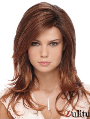 Mode Auburn longue avec frange droite sans colle perruques avant en dentelle