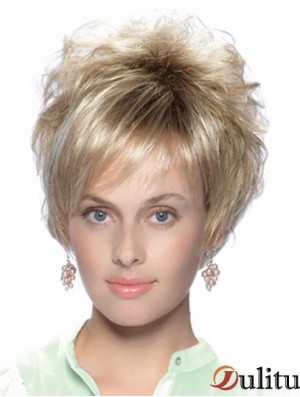 No-Fuss 8 pouces droite blonde avec frange perruques courtes