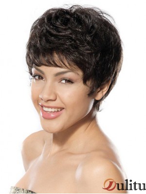 Remise Noir Court Boycuts Ondulés Sans Colle Avant De Lacet Perruques