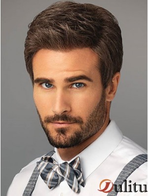 Perruque naturelle synthétique courte en dentelle marron synthétique pour hommes