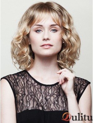 Avec Bangs Blonde Curly Chin Longueur 10  inchPerruques moyennes tendance