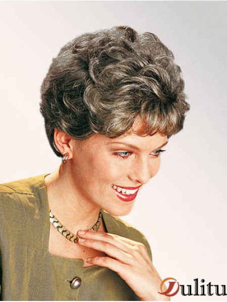 Perruque courte classique en dentelle synthétique bouclée grise de 7 po