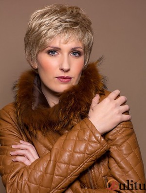 100% synthétique noué à la main 5  inchrecadrée droite blonde perruques de boycuts pour le cancer