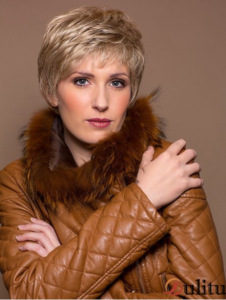 100% synthétique noué à la main 5  inchrecadrée droite blonde perruques de boycuts pour le cancer