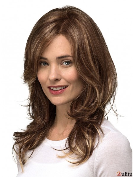 Brown Layered Wavy 14 pouces Long Mono Top Perruques pas cher