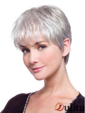 Perruque de cheveux gris avec dentelle synthétique avant gris coupe droite Style