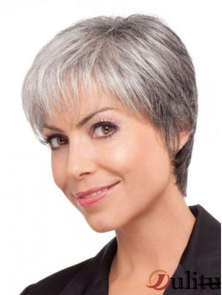 Perruques pour cheveux gris dame âgée avec coupe courte synthétique gris