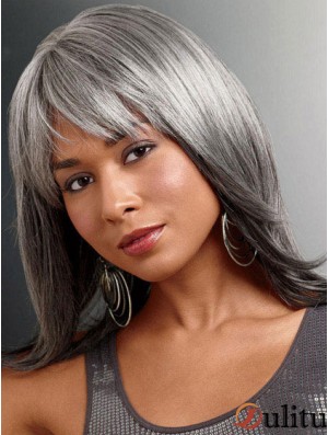 Perruques pour la dame plus âgée UK avec coupe droite gris devant en dentelle
