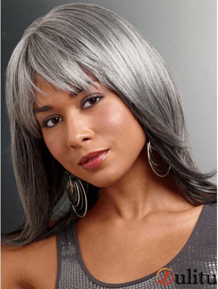 Perruques pour la dame plus âgée UK avec coupe droite gris devant en dentelle