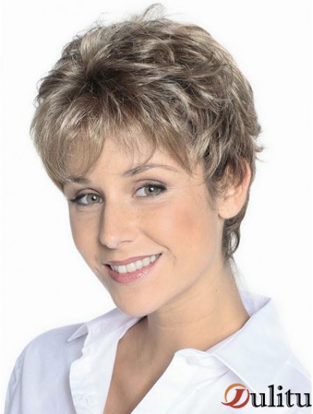 Perruques Cheveux Gris Courte Couleur Brun Longueur Courte Style Ondulé