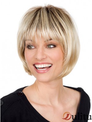 Perruque blonde en monofilament avec une longueur de menton de style droit