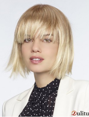 Avec Bangs Blonde Longueur de menton droite 10 pouces Perruques moyennes exquises