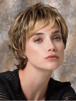 Perruques courtes blondes superposées ondulées de 8 po
