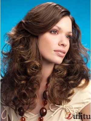 Curly Layered Long Brown Perruques abordables en dentelle sur le devant