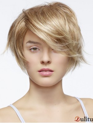 Perruques 100% nouées à la main à la mode blonde en couches courtes