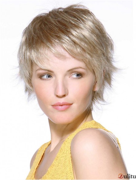 Perruques de dames monofilament blond synthétique longueur de menton ondulé Boycuts