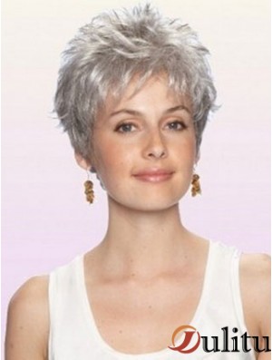 Perruque grise avec longueur recadrée sans bonnet Boycuts Style ondulé