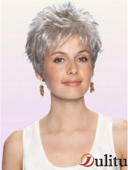 Perruque grise avec longueur recadrée sans bonnet Boycuts Style ondulé