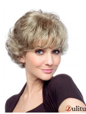 Bouclés avec des franges courtes perruques synthétiques blondes abordables