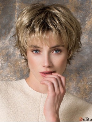Perruques courtes blondes en couches droites de 8 pouces