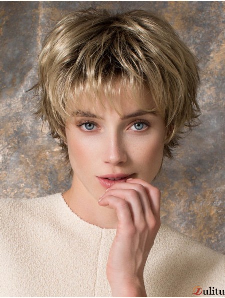 Perruques courtes blondes en couches droites de 8 pouces